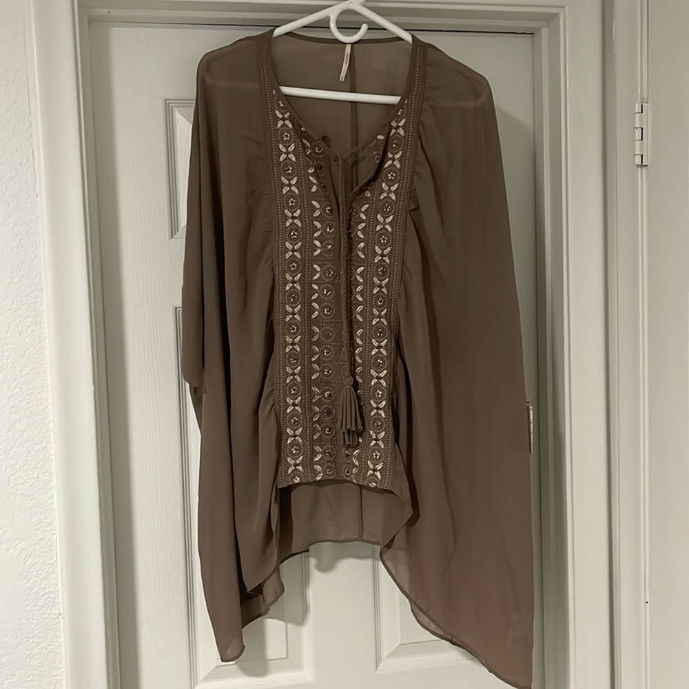 NWT Free People taupe embroidered and embellished oversized tunic in size M/L